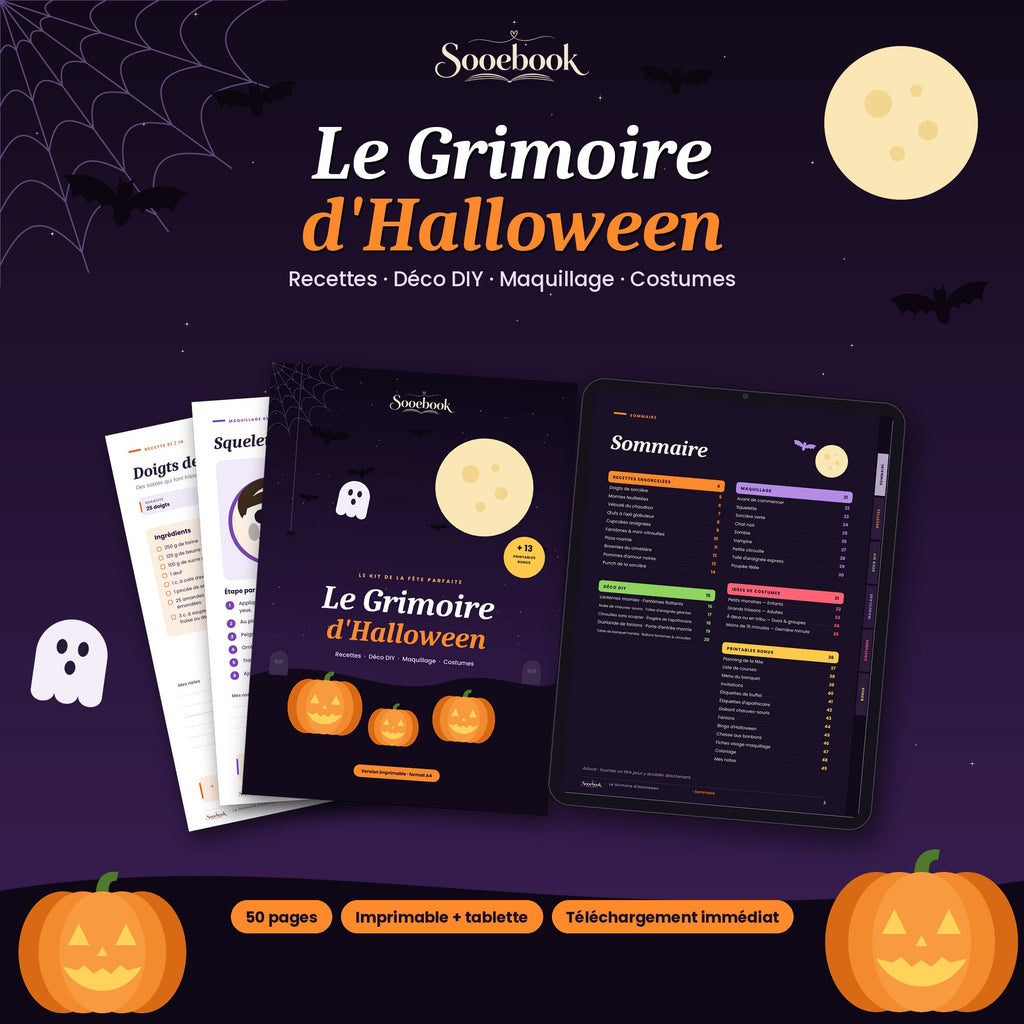 Le Grimoire d'Halloween – Kit complet fête : recettes, déco DIY, maquillage & costumes (PDF imprimable + tablette)