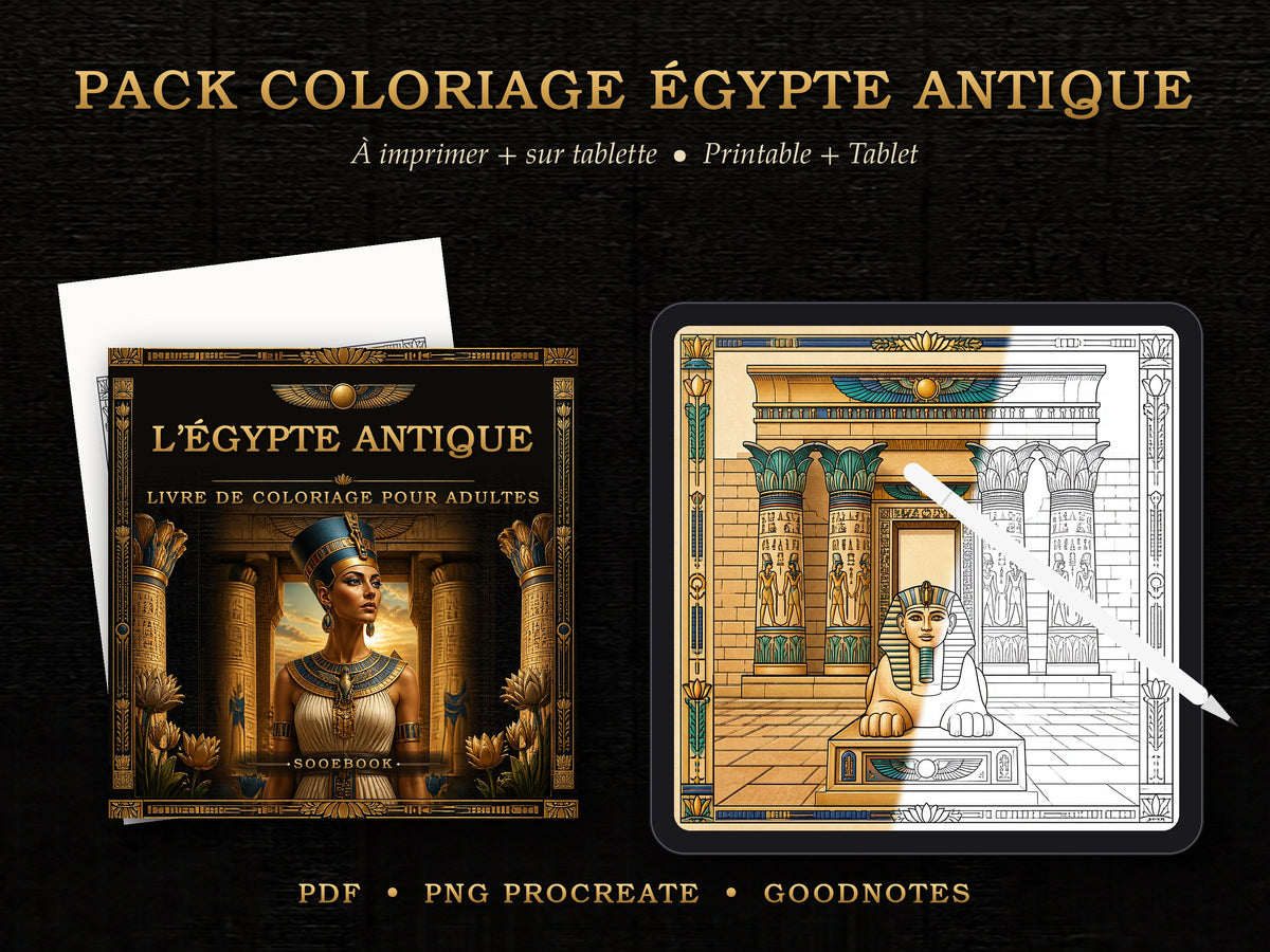 Pack coloriage L'Égypte antique – PDF imprimable + version tablette (12 dessins)