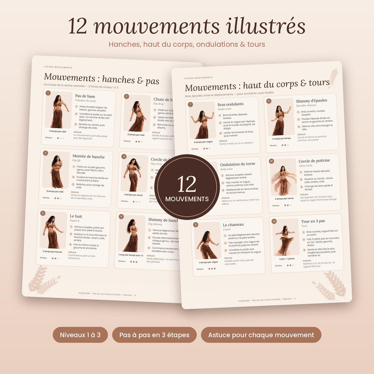 Beginner belly dance lesson plan PDF, 8 sessions, printable illustrated handouts, warm-up stretches, belly dancing