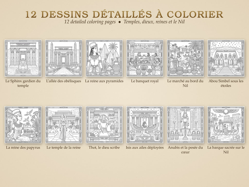 Pack coloriage L'Égypte antique – PDF imprimable + version tablette (12 dessins)