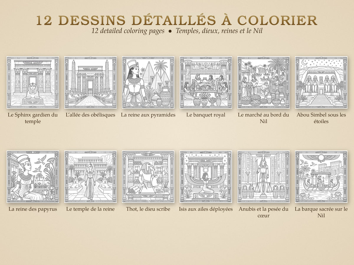 Pack coloriage L'Égypte antique – PDF imprimable + version tablette (12 dessins)