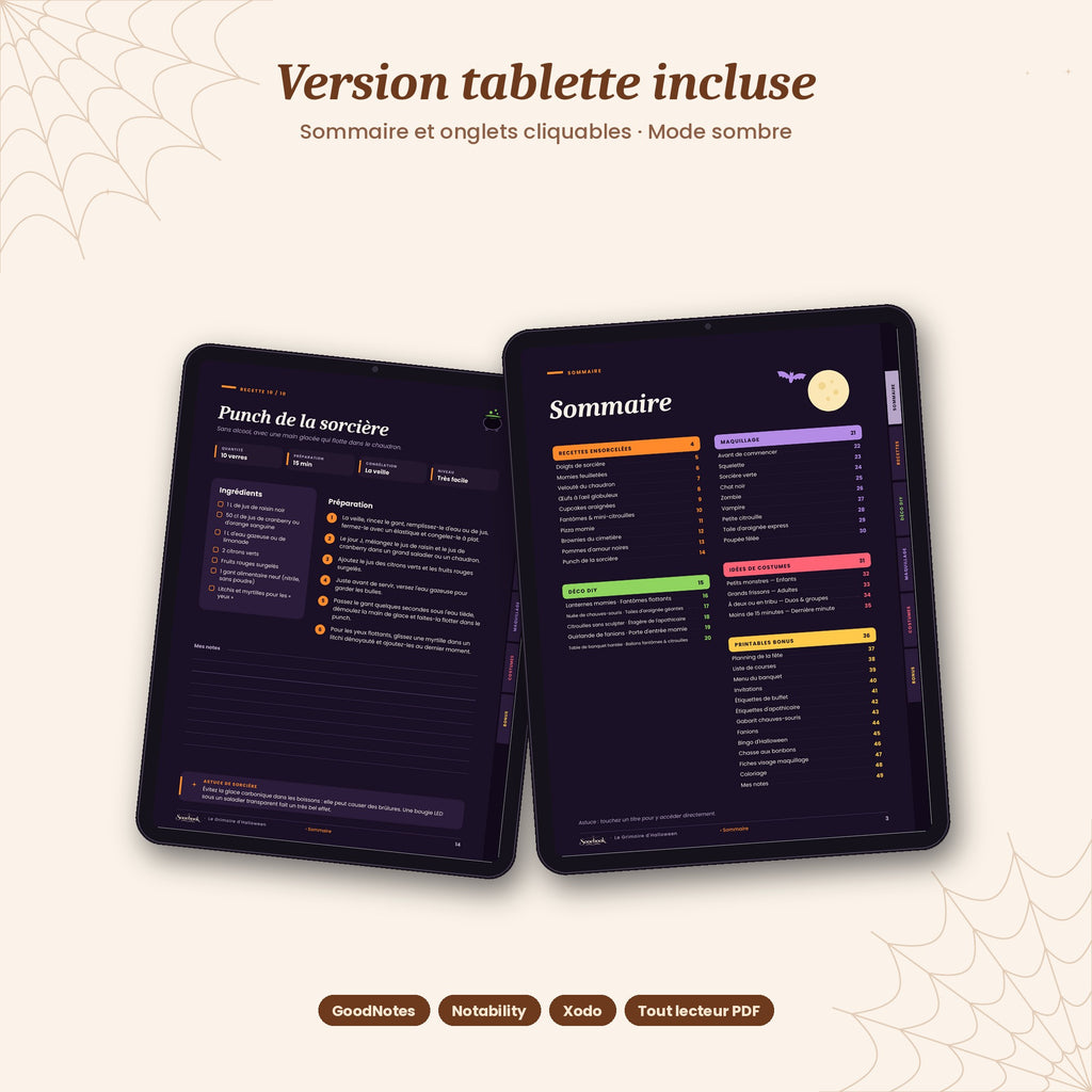 Le Grimoire d'Halloween – Kit complet fête : recettes, déco DIY, maquillage & costumes (PDF imprimable + tablette)