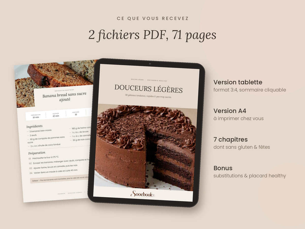 Douceurs Légères – Ebook 58 recettes de gâteaux healthy (PDF tablette + A4)