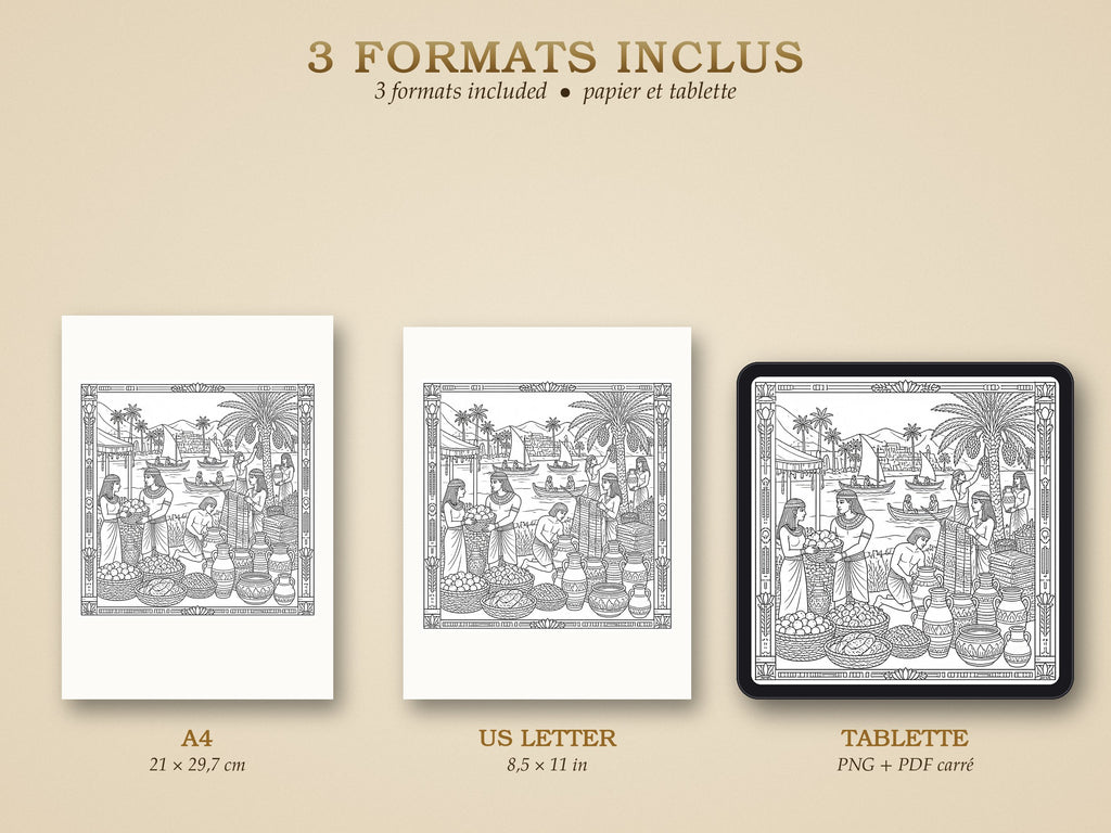 Pack coloriage L'Égypte antique – PDF imprimable + version tablette (12 dessins)