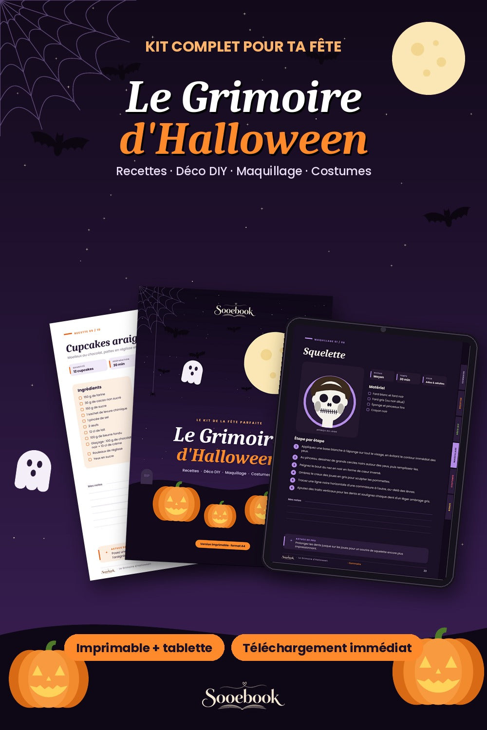 Le Grimoire d'Halloween – Kit complet fête : recettes, déco DIY, maquillage & costumes (PDF imprimable + tablette)