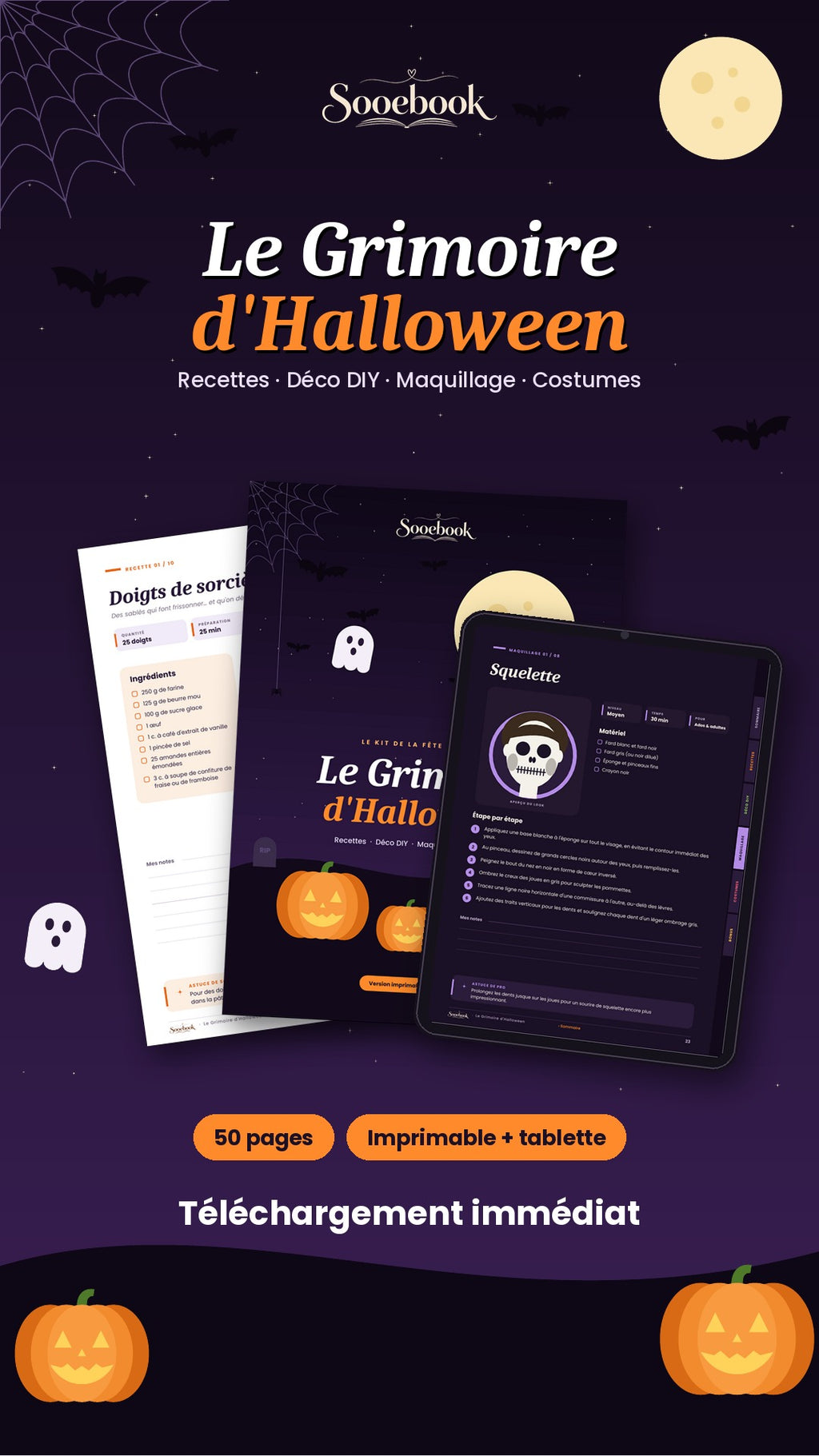 Le Grimoire d'Halloween – Kit complet fête : recettes, déco DIY, maquillage & costumes (PDF imprimable + tablette)