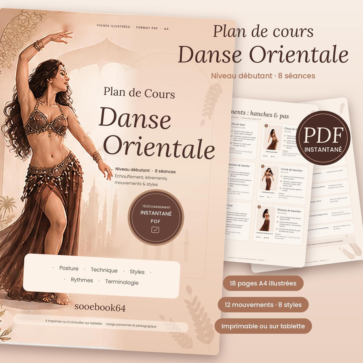 Beginner belly dance lesson plan PDF, 8 sessions, printable illustrated handouts, warm-up stretches, belly dancing