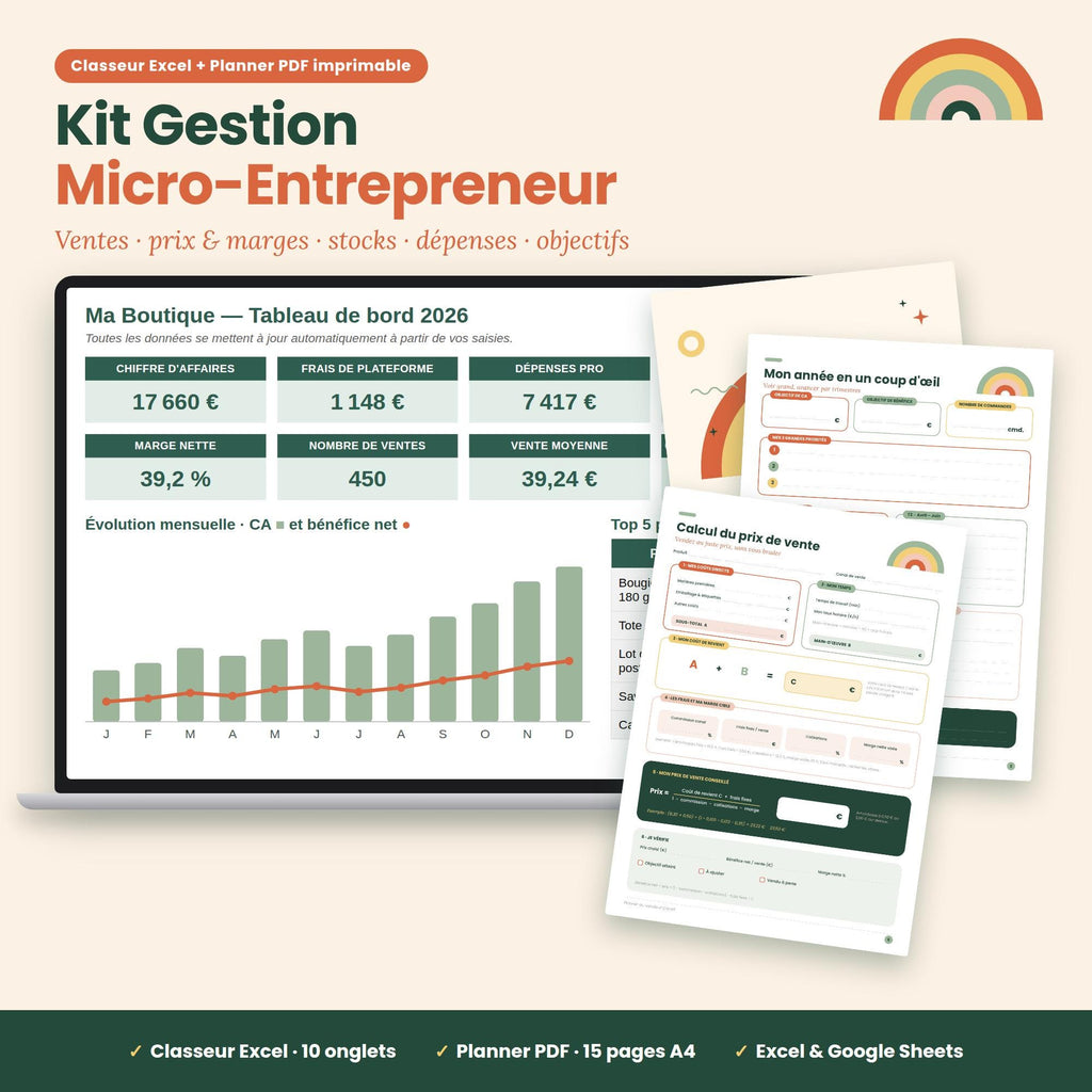 Kit Gestion Micro-Entrepreneur — Excel + Planner PDF imprimable