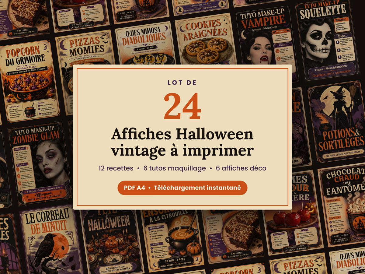 Lot de 24 Affiches Halloween Vintage à Imprimer – Recettes, Maquillage & Déco