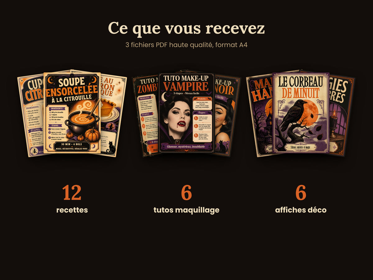 Lot de 24 Affiches Halloween Vintage à Imprimer – Recettes, Maquillage & Déco