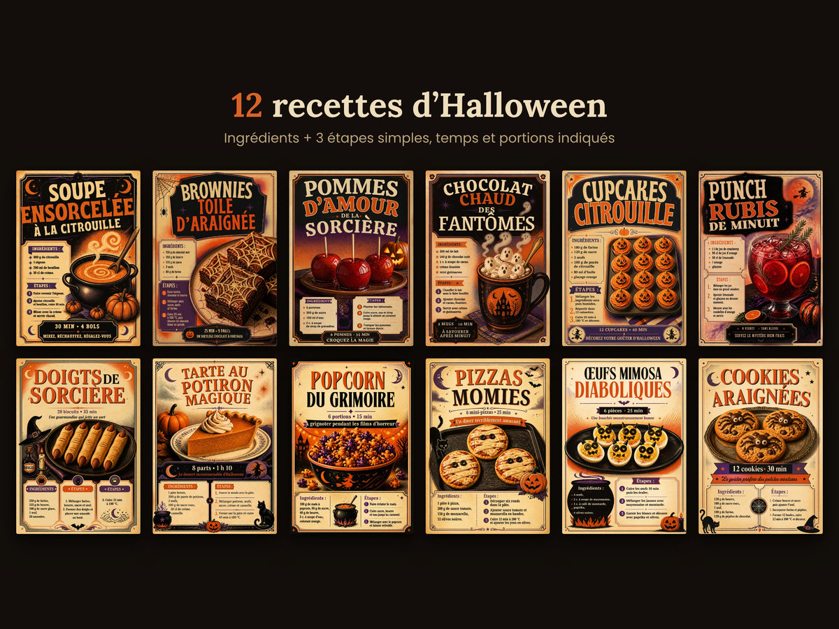 Lot de 24 Affiches Halloween Vintage à Imprimer – Recettes, Maquillage & Déco