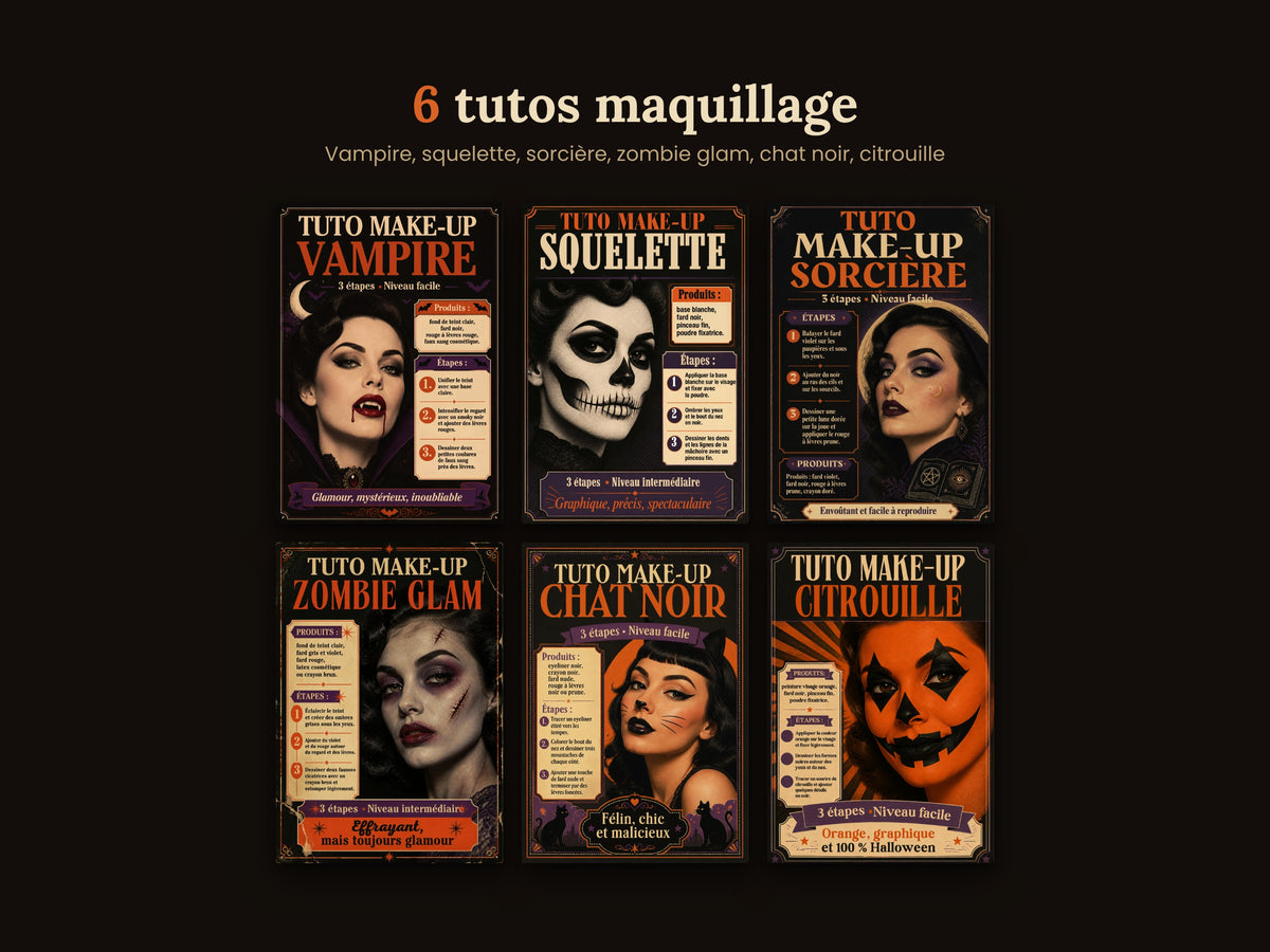 Lot de 24 Affiches Halloween Vintage à Imprimer – Recettes, Maquillage & Déco