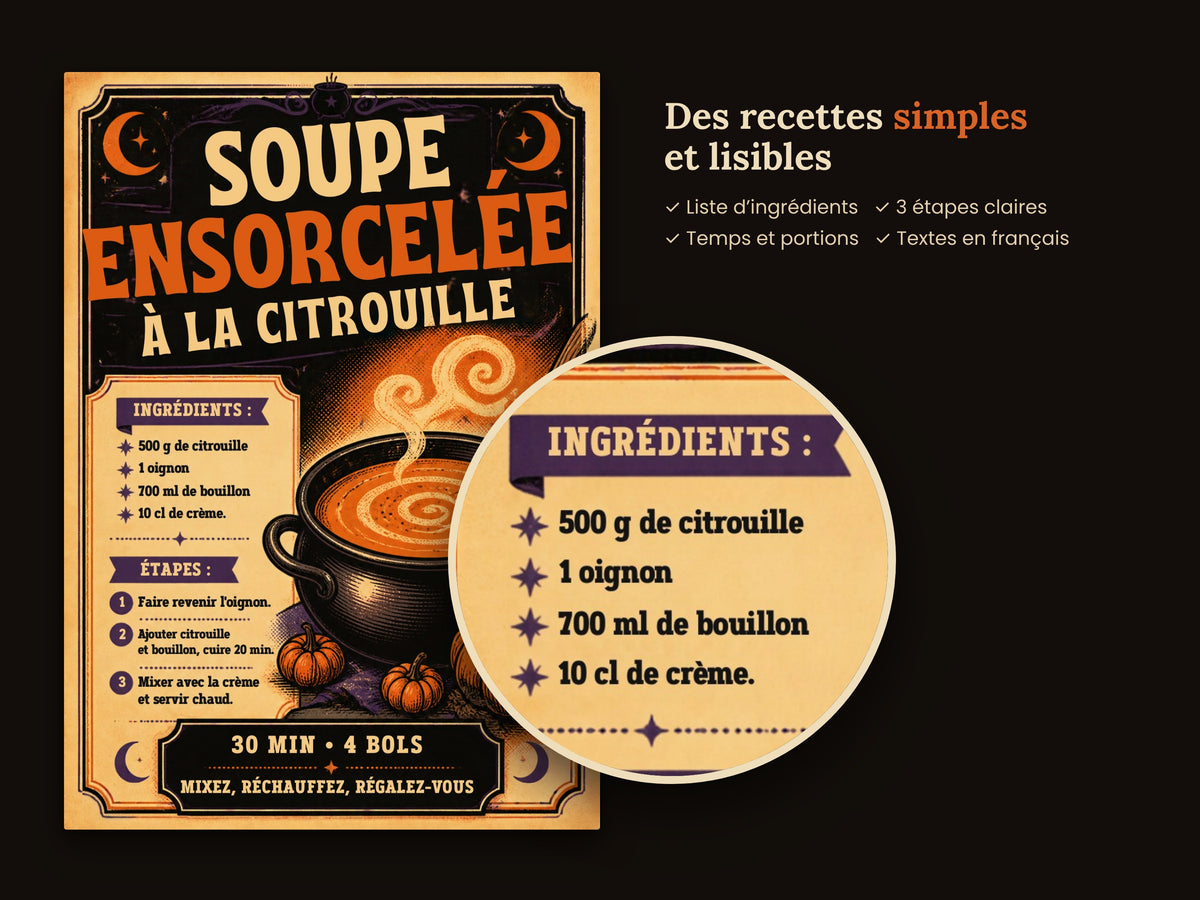 Lot de 24 Affiches Halloween Vintage à Imprimer – Recettes, Maquillage & Déco