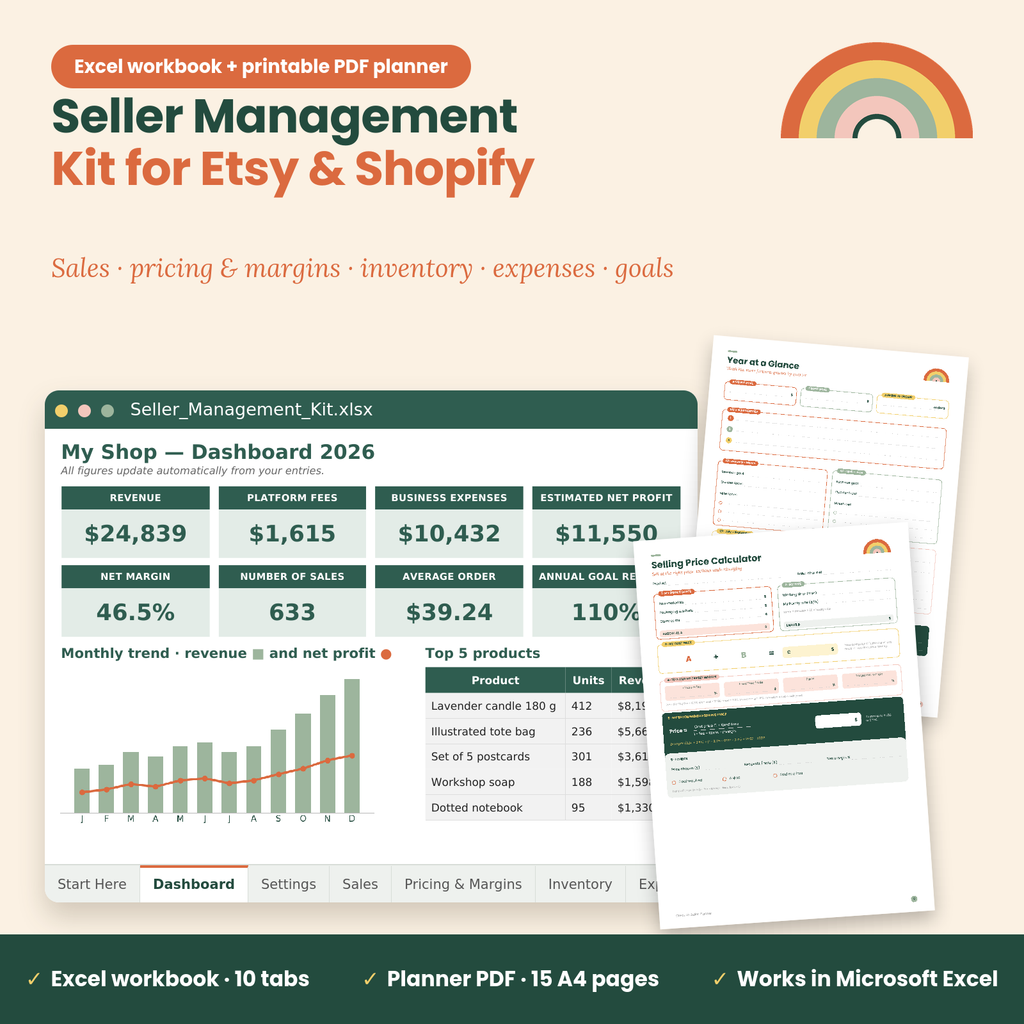 Etsy Seller Spreadsheet & Planner, Shop Profit Tracker, Pricing Calculator, Inventory & Expense Tracker, Excel, GoodNotes iPad