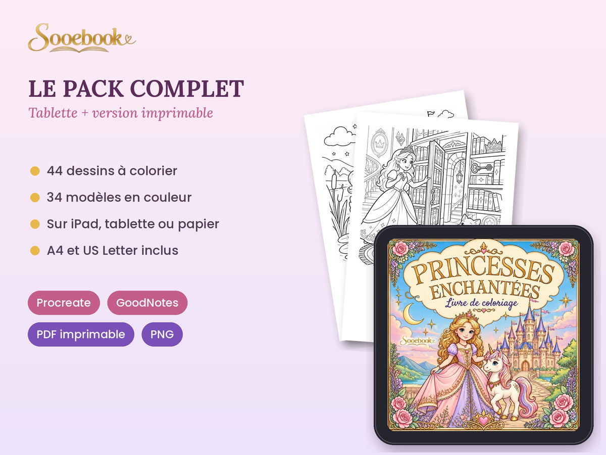 Pack Princesses Enchantées : coloriage imprimable + tablette (Procreate et GoodNotes)