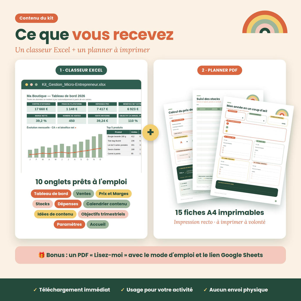 Kit Gestion Micro-Entrepreneur — Excel + Planner PDF imprimable