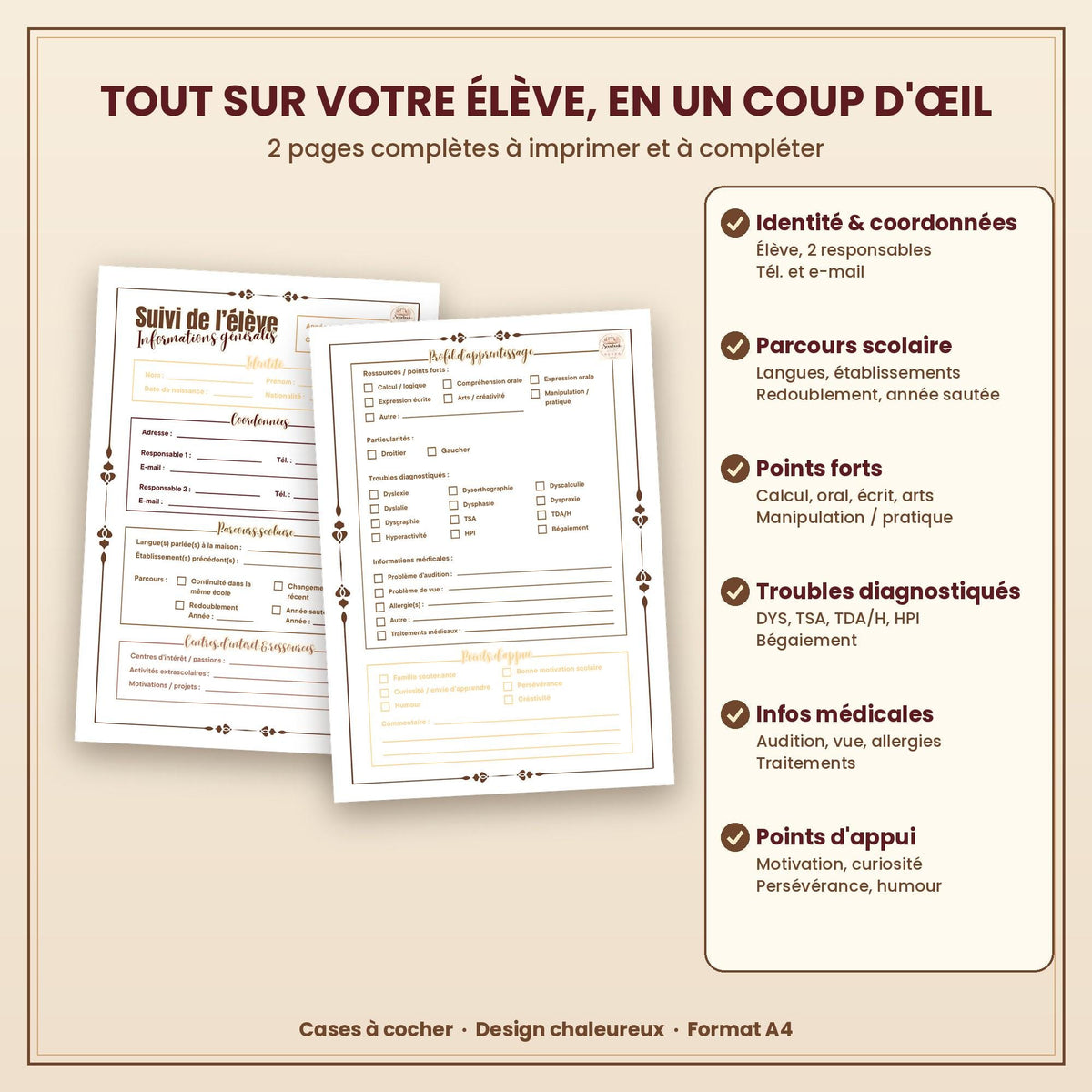 Fiche de suivi élève imprimable PDF | Profil d'apprentissage et informations générales | Document enseignant, classeur de classe