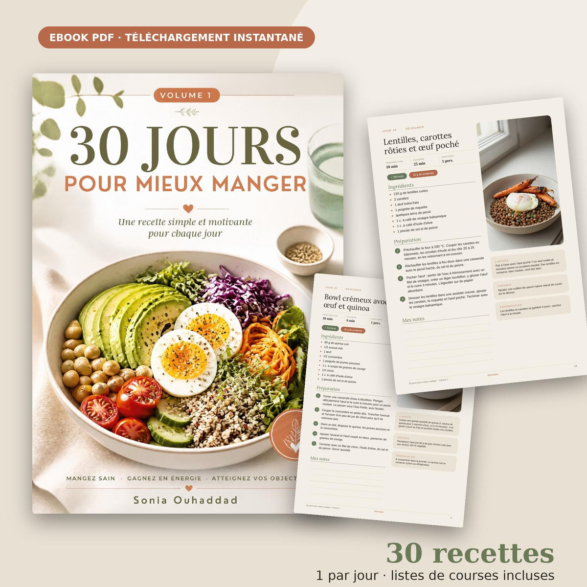 30 jours pour mieux manger | eBook PDF 30 recettes healthy faciles et rapides | Listes de courses, calories et protéines | Téléchargement
