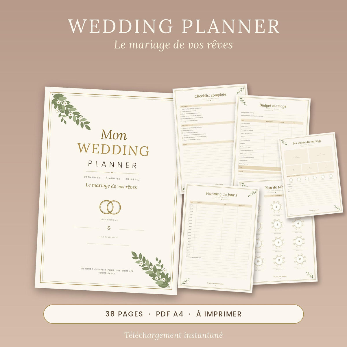Printable Wedding Planner PDF A4 | Organizer, checklist, budget, seating chart, guest list | Instant download