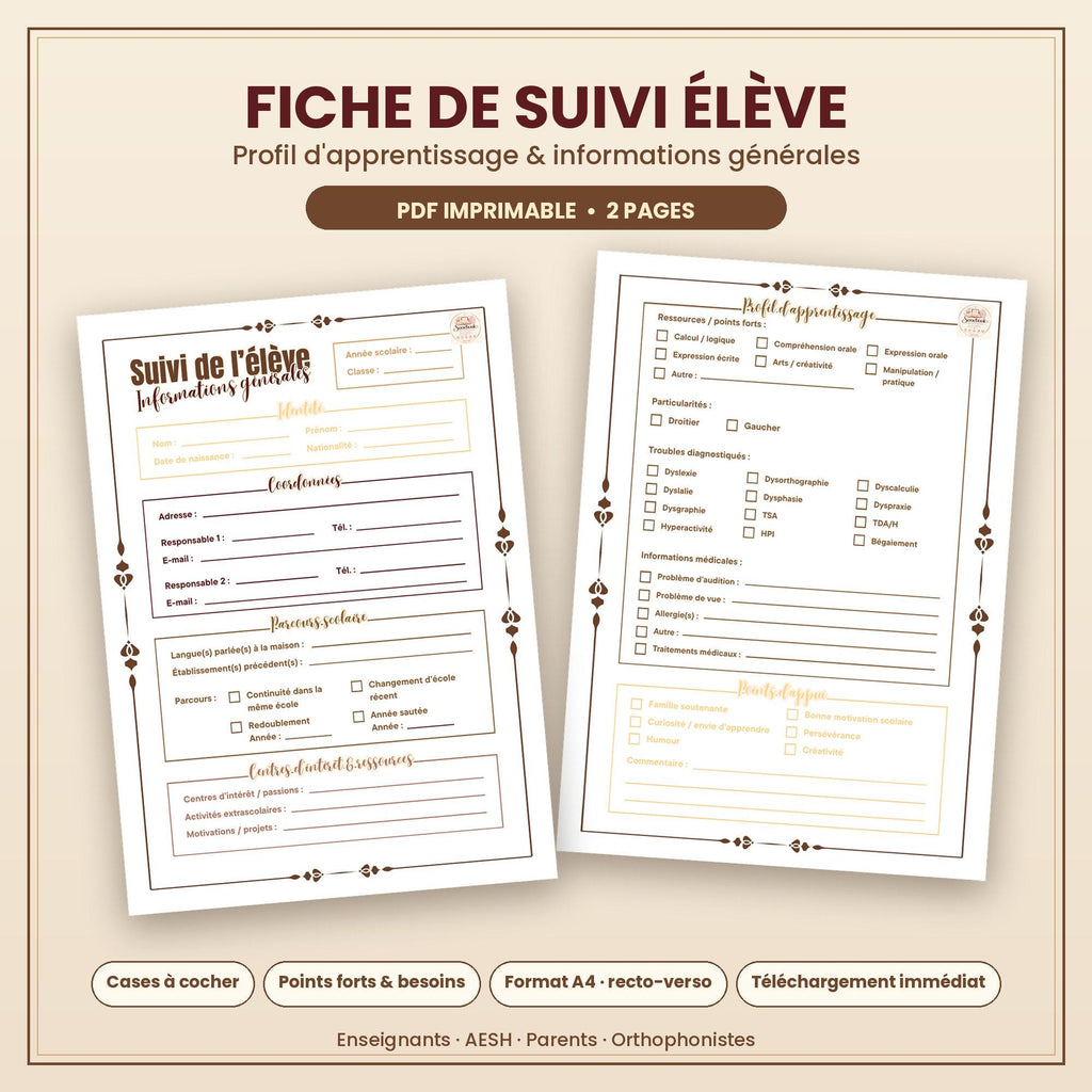 Fiche de suivi élève imprimable PDF | Profil d'apprentissage et informations générales | Document enseignant, classeur de classe
