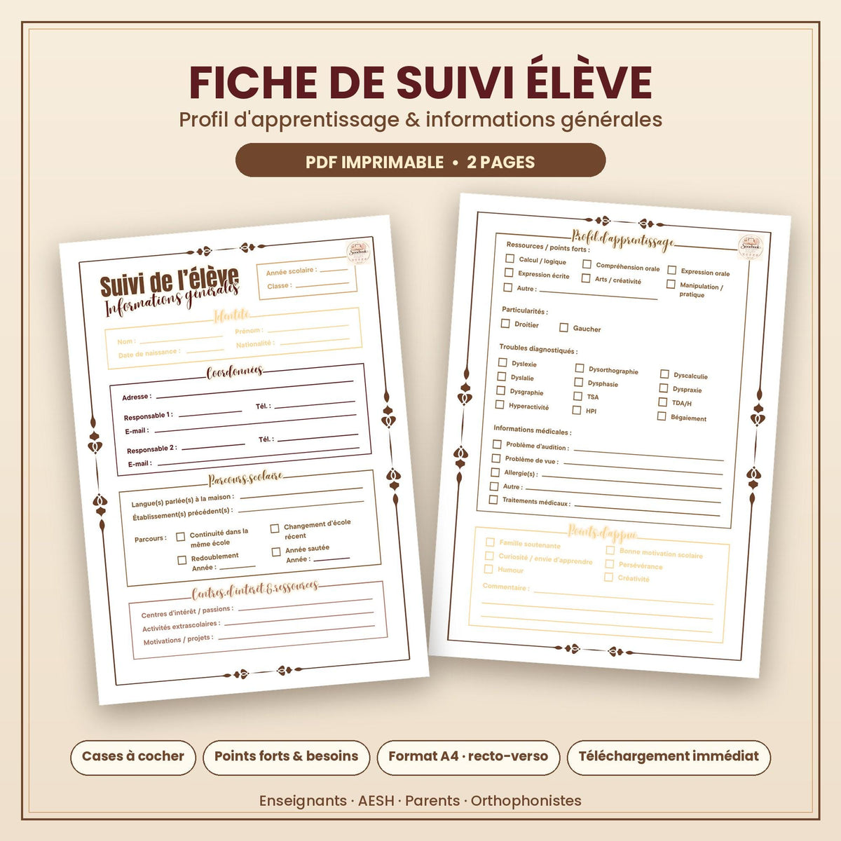 Fiche de suivi élève imprimable PDF | Profil d'apprentissage et informations générales | Document enseignant, classeur de classe