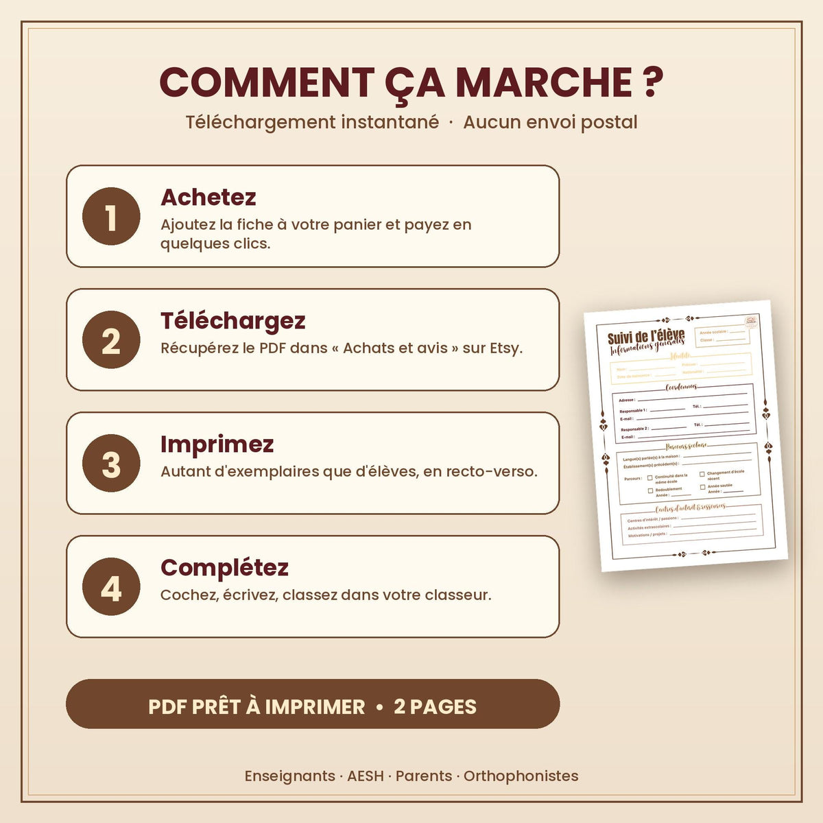 Fiche de suivi élève imprimable PDF | Profil d'apprentissage et informations générales | Document enseignant, classeur de classe