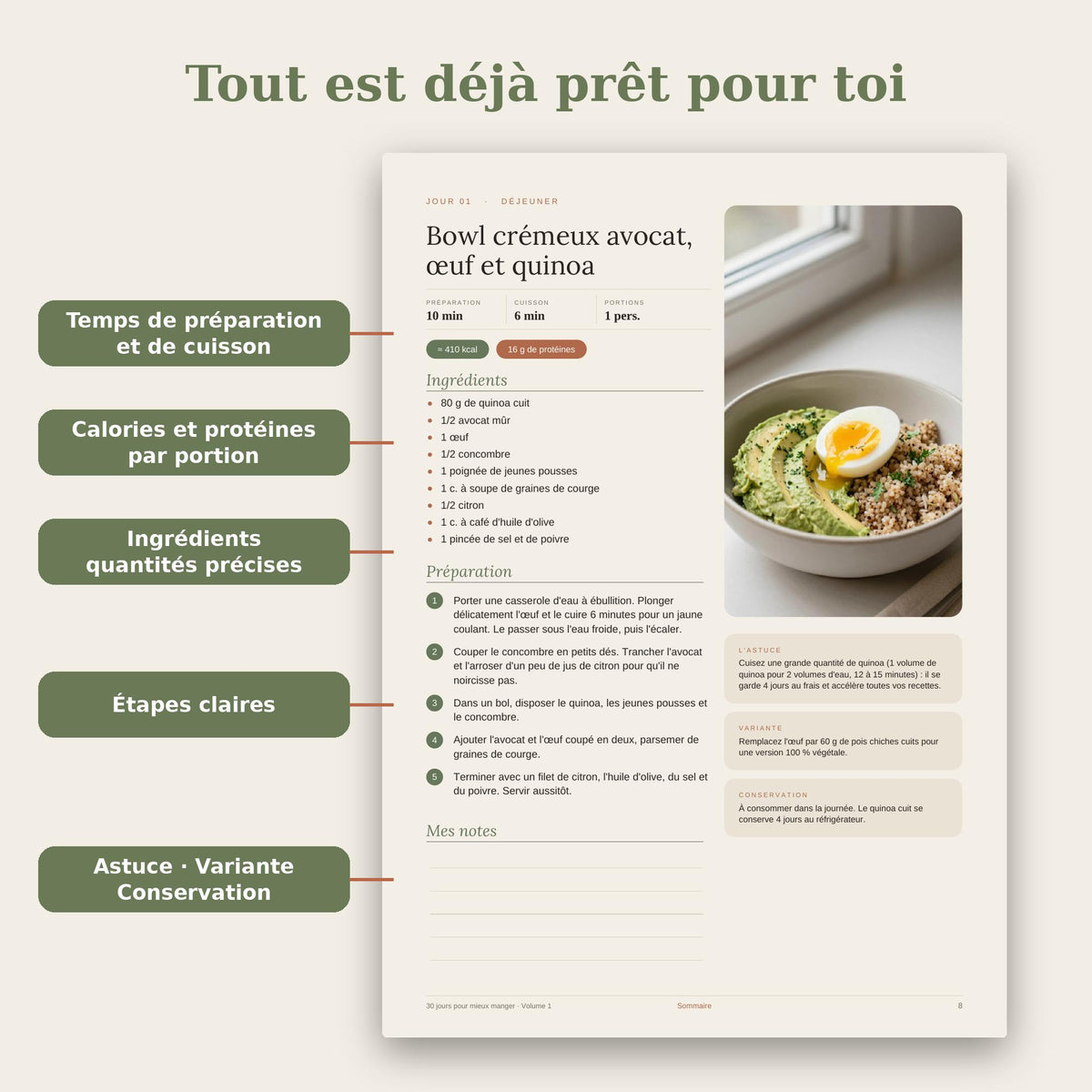 30 jours pour mieux manger | eBook PDF 30 recettes healthy faciles et rapides | Listes de courses, calories et protéines | Téléchargement